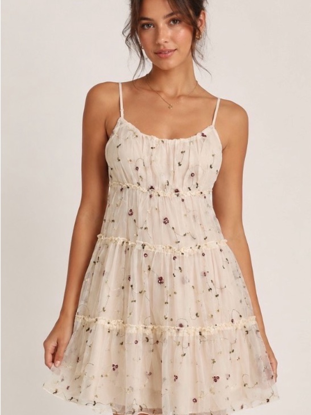 Delicate Cream Floral Spaghetti-Strap Mini Dress